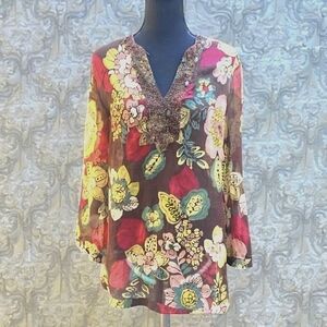 Lafayette 148 NY Sheer Floral Blouse Size 6 Hand Beaded Collar